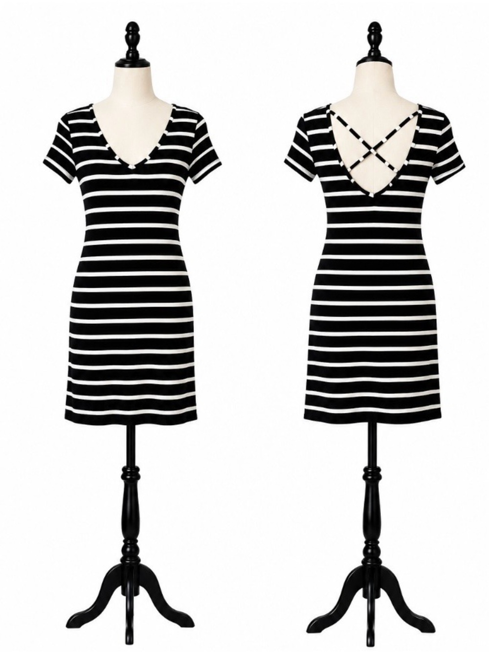 Black and White Striped Short Sleeve Dress with Crisscross Back